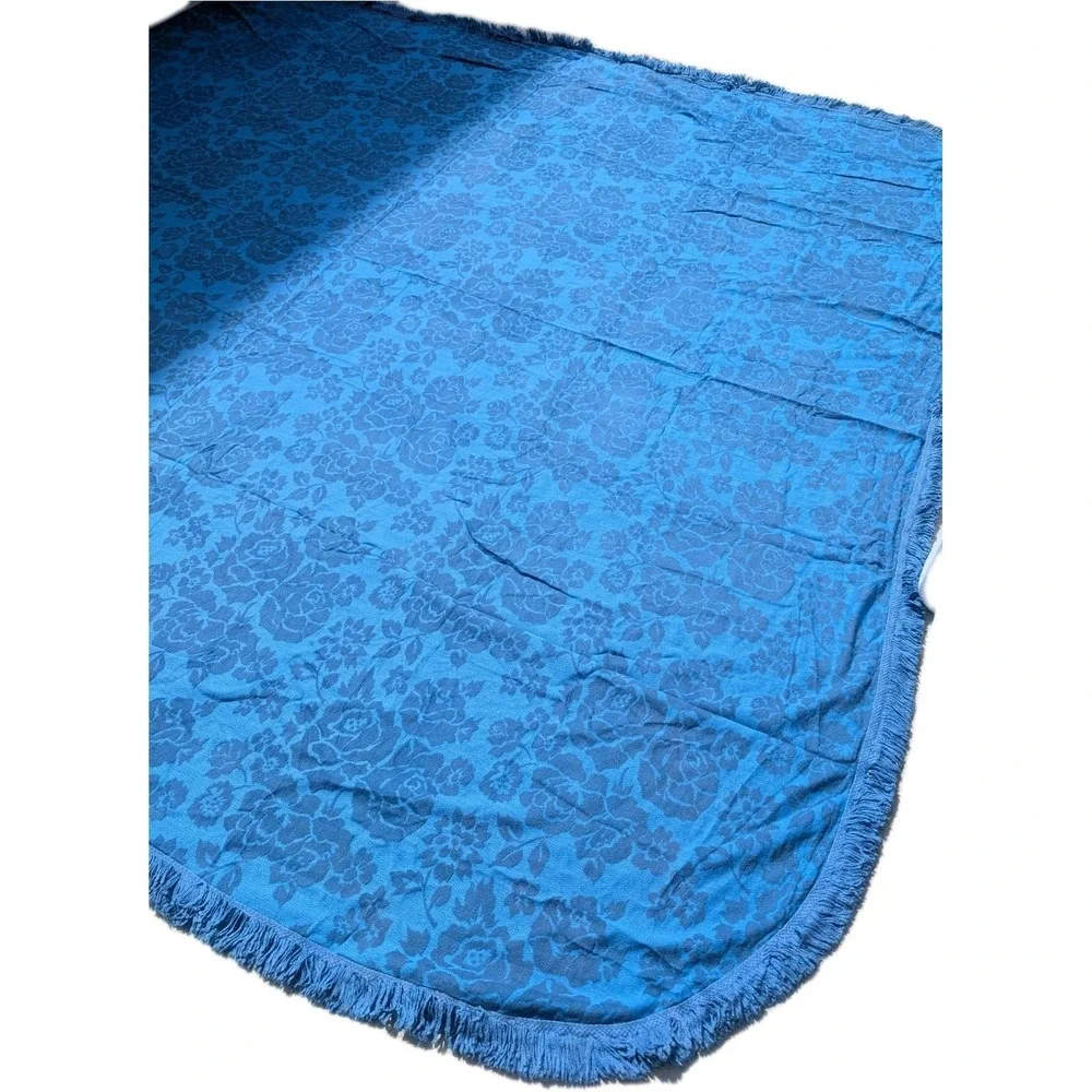 Vintage Royal Blue Rose Pattern Floral Fringed Blanket Bedspread Sofa Cover MCM